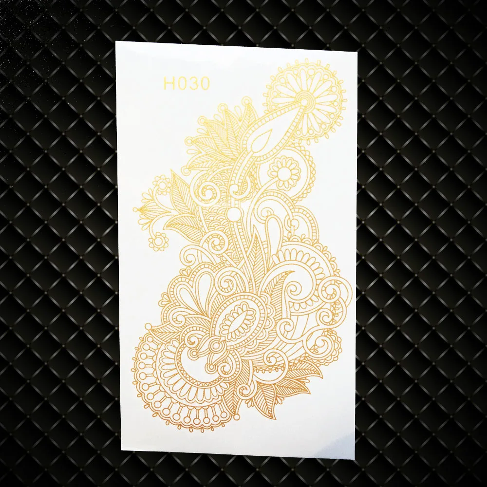 

Large Gold HEnna Temporary Tattoo Stickers Fake Metallic Tattoo Mehndi Stencil GGH030 Women Summer Style Tattoo Makeup Sticker