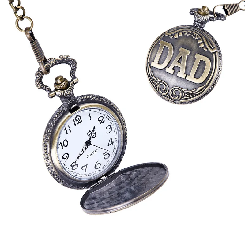 Retro Dad Letters Pocket Watch Bronze Pendant Watches with 42cm Chain
