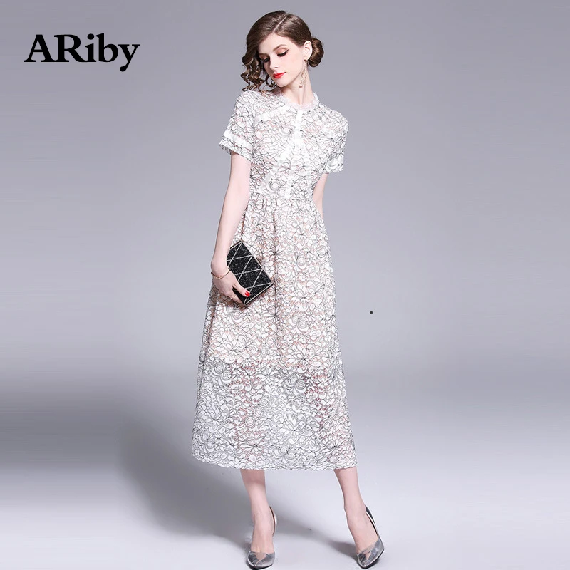 Women Dress Summer Elegant Long Maxi Dress 2019 New Office Lady Slimming Lace Stitching Stand Collar Short Sleeve A-Line Dresses