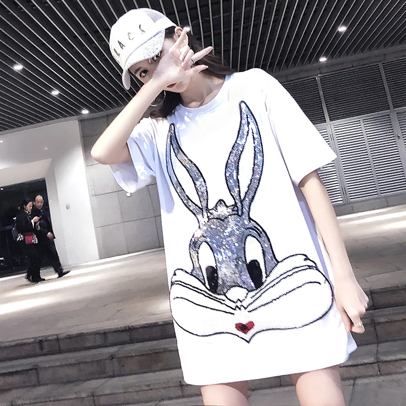 2019 Для женщин мода лето Harajuku милые Bling блесток мультфильм кролик Футболка Свободные Большой плюс Размеры футболка Футболки 4XL