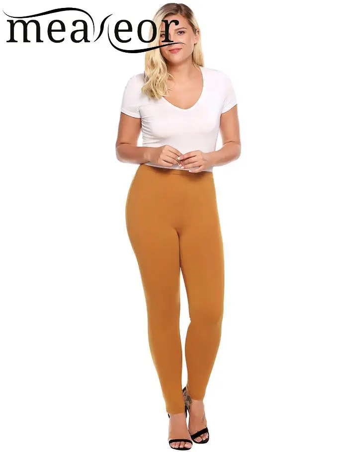 

meaneor Size Plus Women Elastic Waist Solid Stretch Slim Skinny Leggings