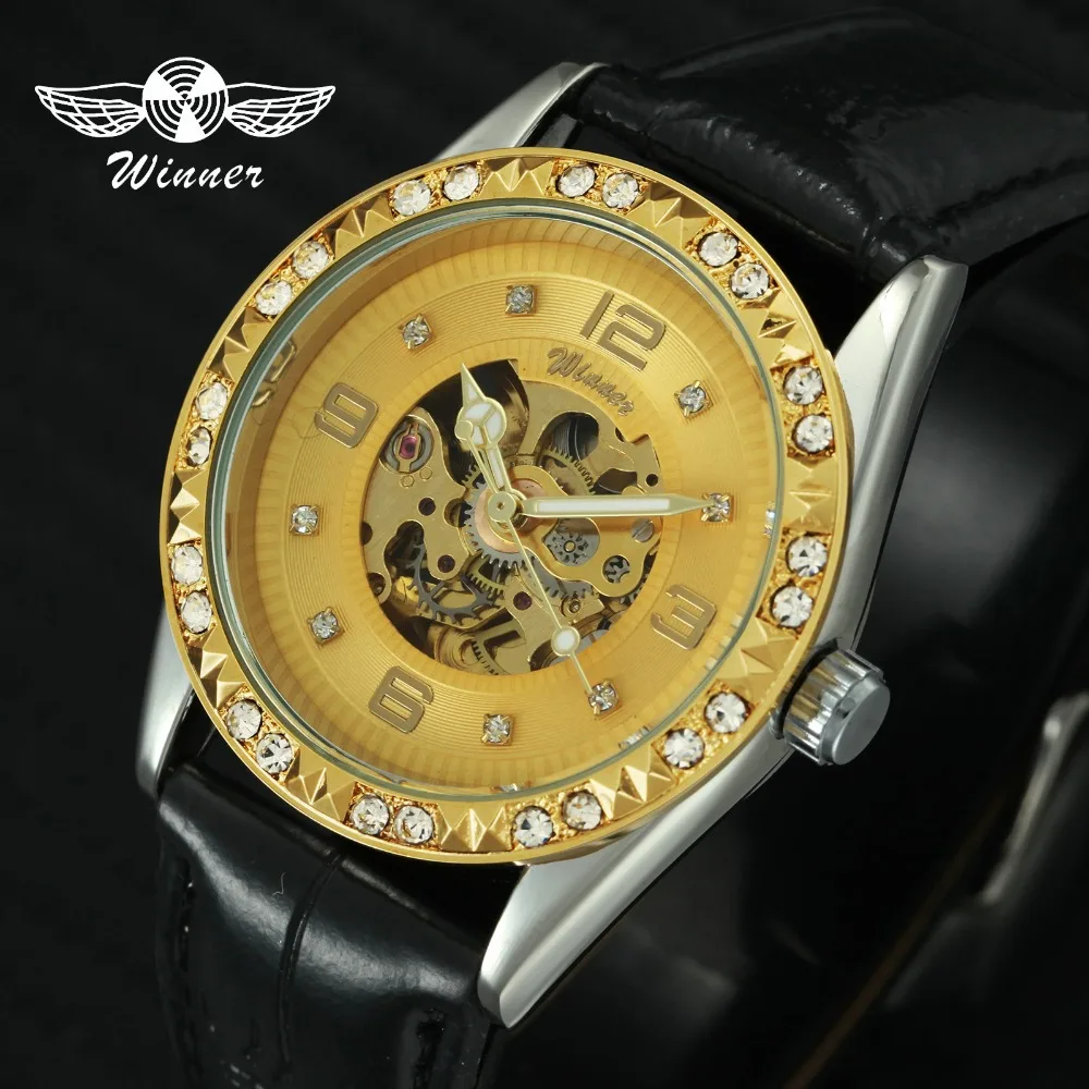 WINNER Vintage Women Mechanical Wrist Watch Gold Skeleton Dial Leather Strap Crystal Decoration