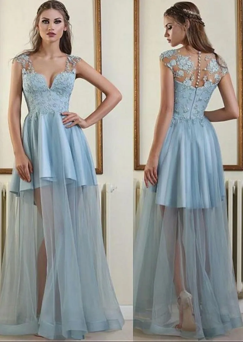 

Fashionable Applqiues Beads Tulle With Satin V-Neck sleeveless A-Line Evening Dress