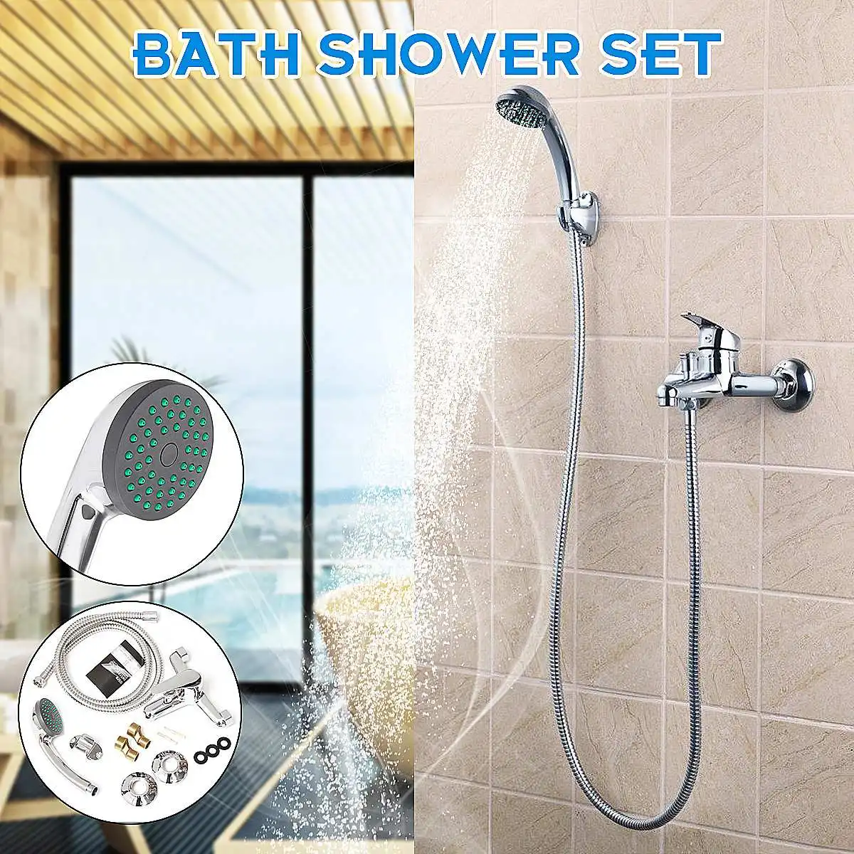

Chrome Polished Single Handle Wall Mounted Shower Faucet Set MixerTap With Round Handheld Shower Head Spray Stainless Steel Hose