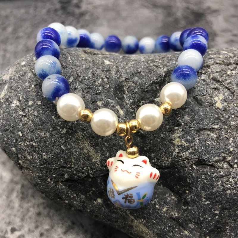 BLINGPAW New Lucky Cat Charm Beads Bracelet for Women Girls Pearl Blue ...