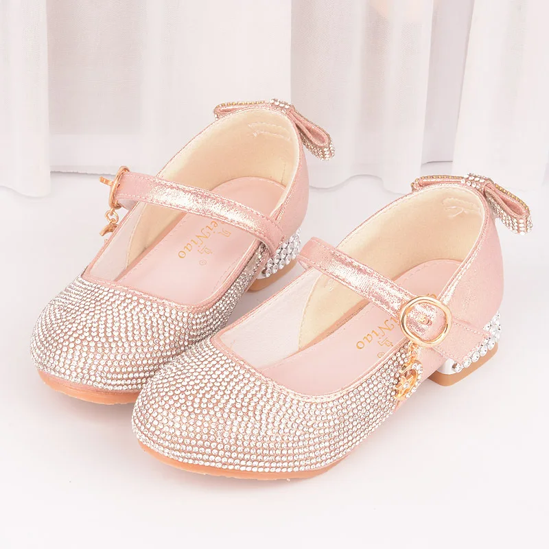 Furdeour Girls Sandals Glittler Bow Dress Shoes Princess Crystal High Heels Party Wedding Flower Girls Shoes for Kid Toddler