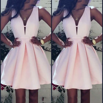 

Sexy V-neck Womens Cocktail Dresses Summer style Vintage Simple Pink Satin Mini Special Occasion Short Party Dress Vestidos