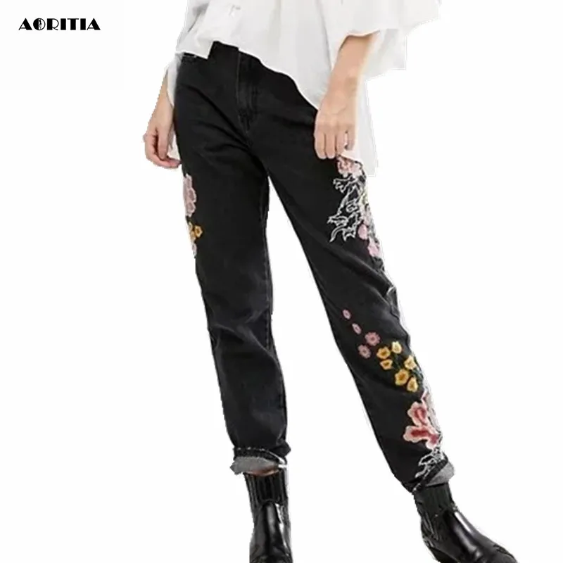 

2017 Woman Denim Embroidery Jeans Full Length Pants High Waist Black Jeans