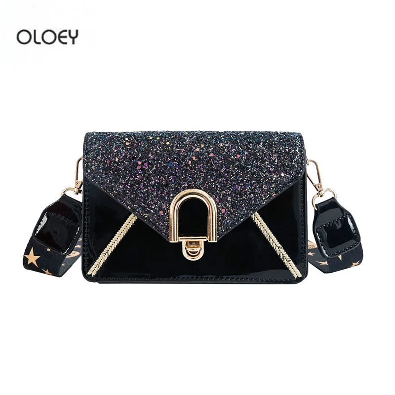 

OLOEY New women's patent leather sequins small square bag fashion wide shoulder straps one shoulder messenger bag