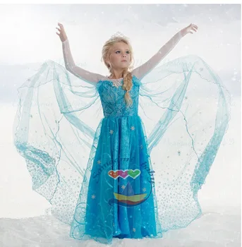 

&E-babe&Wholesale 2016 New F rozen Fever Birthday Surprise Elsa Tulle Princess Vestidos Girls Blue Party Dress Long Sleeve