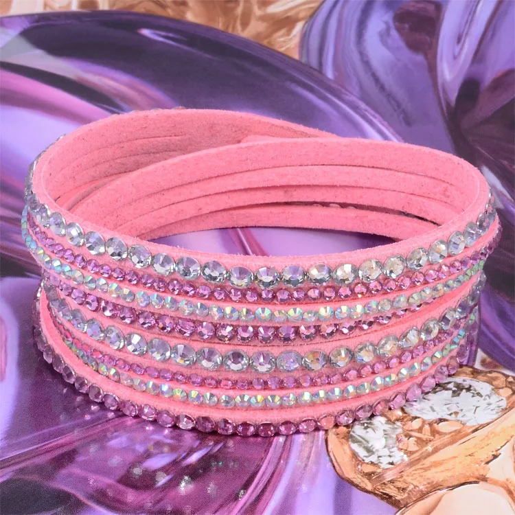 Новое поступление, кожаный браслет со стразами, браслет с кристаллами, многослойные браслеты для женщин, женские браслеты Mulher, ювелирное изделие - Окраска металла: Pink