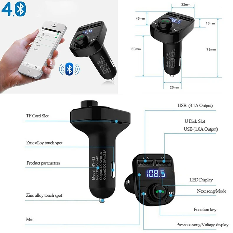 Bluetooth 4,0 автомобильный набор, свободные руки, FM передатчик, свободные руки, автомобиль MP3 аудио плеер Напряжение обнаружения Шум отмены двойной зарядное устройство usb