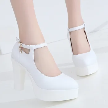 

2019 shallow mouth round head waterproof platform high heel thick with women's shoes thick bottom performance shoes one buckle