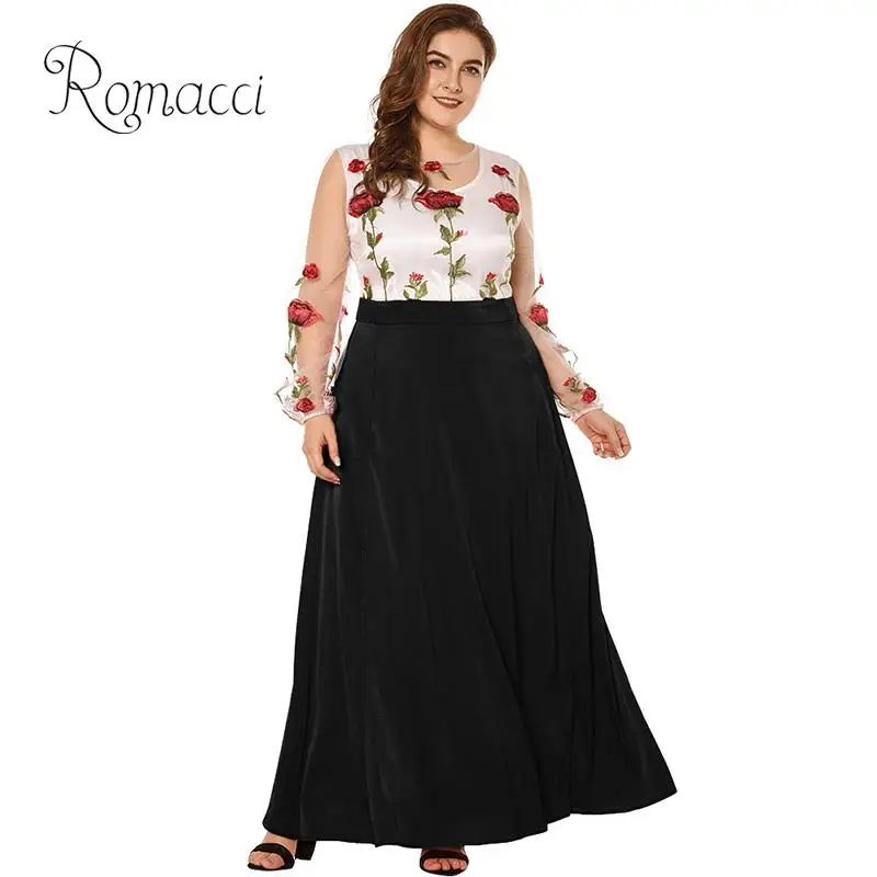 

Romacci Sexy Women Plus Size Maxi Dress Floral Embroidery Sheer Mesh A-line Dress Splice Long Sleeve Slim Elegant Long Dress Red