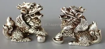 

Chinese Silver FengShui Guard Foo Fu Dog Lion Unicorn PiXiu Statue Pair Set