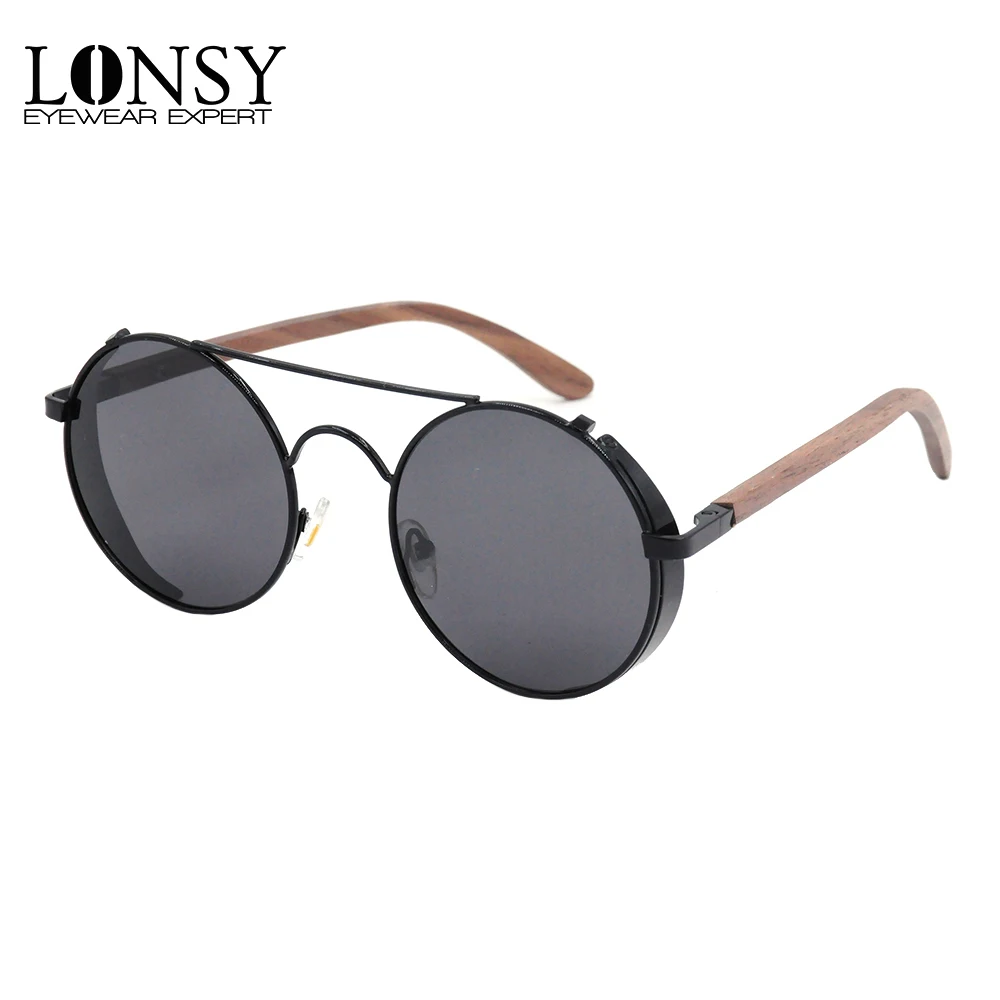 

LONSY Retro Metal Wood Sunglasses Men Women High Quality Steam Punk Round Sun Glasses For Male/Female Vintage Eyewears