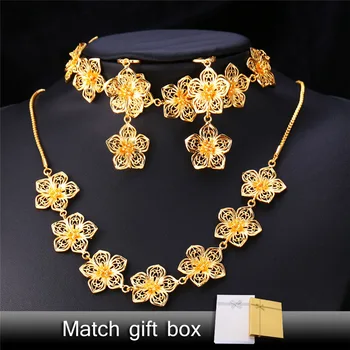 

Kpop Flowers Set Earring Necklace Bracelet Wedding Gift Gold/Silver Color Vintage Chain Jewelry Sets For Women S207