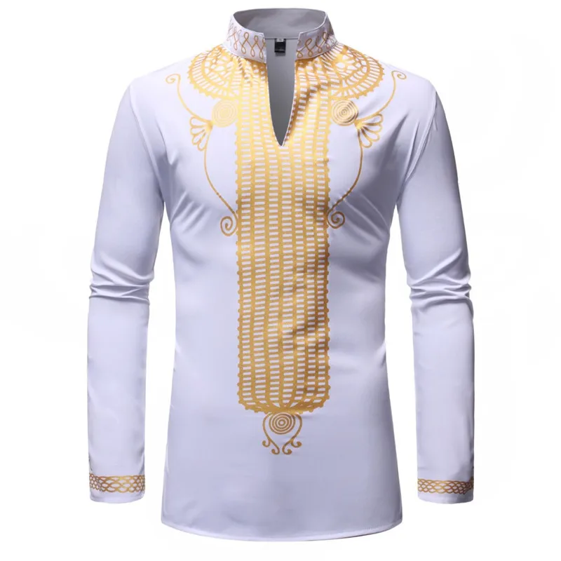 

White African Print Dashiki Print Shirt Men 2019 Fashion Streetwear Casual African Clothes Men Long Sleeve Shirt Male Camisas
