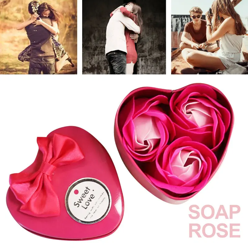 

Rose Soap Flower Soap Flower Heart-Shaped Iron Box 3pcs Immortal Flower Valentine'S Day Greeting Beautiful Romantic