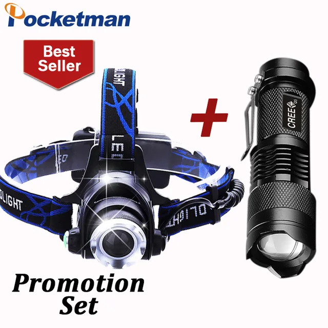 Promotion Set! 6000LM Head lamp LED Headlight T6 Head lights headlamps +Q5  Mini flashlight 2000lm Zoom Fishing Travel Lantern