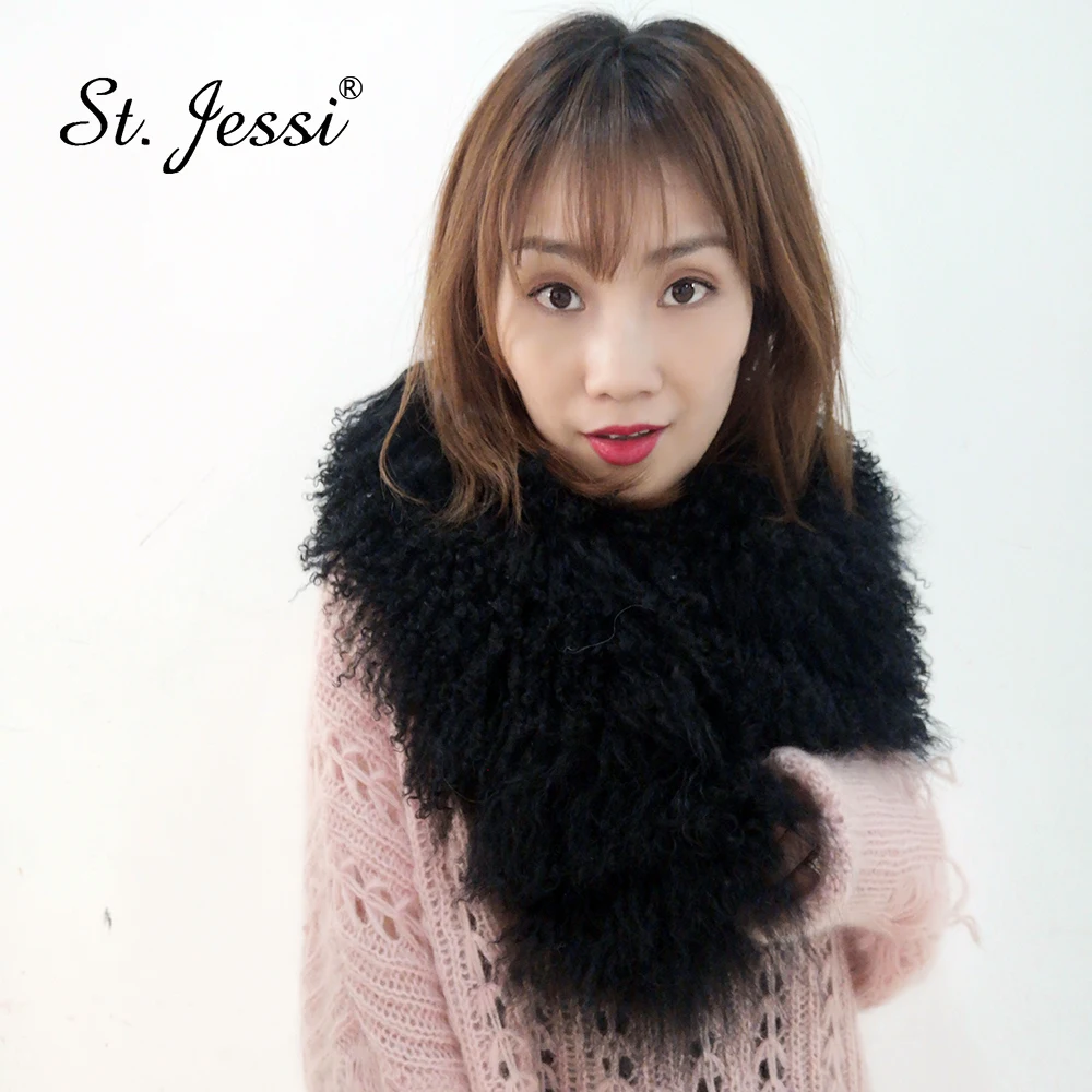 

ST.Jessi Hot Sale 2019 Real Natural Mongolian Wool Fur Collar Scarf Natural Long Fluffy Fur wraps Shawl with clip Free Shipping