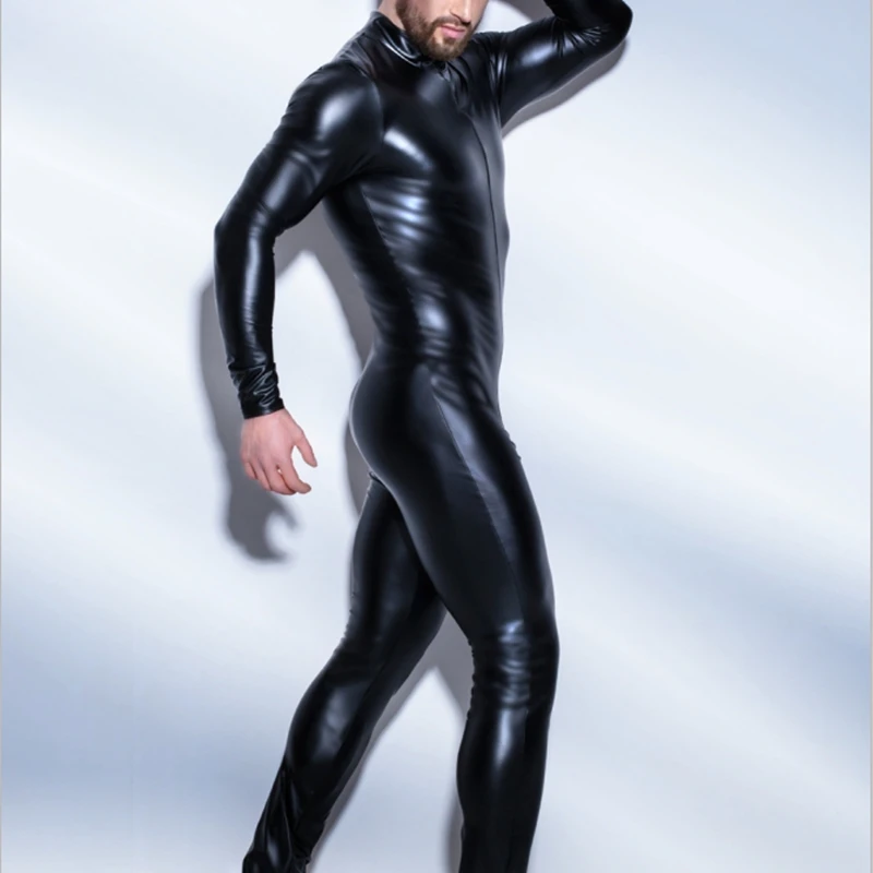  Patent Leather Zipper Open Crotch Latex Catsuit Jumpsuit Sexy Lingerie for Men Erotic Costumes Span