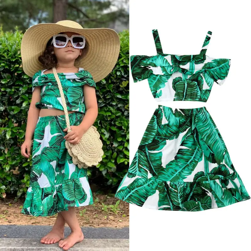 Kids Baby Girl Summer Outfits Boho Leaves Printed 2Pcs Off Shoulder Sling Crop Tops Skirts A