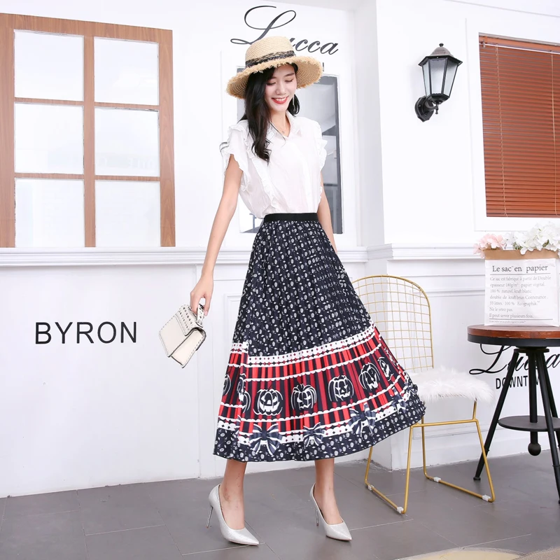 

2019 New Fashion Floral Print High Waist Elastic Streetwear Summer Skirts Women Pleated Mid-Calf Swing Party Skirt Indie Folk