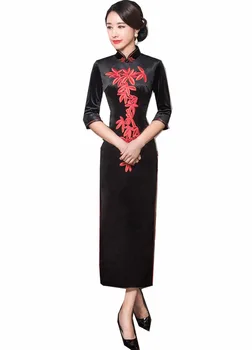 

Shanghai Story Chinese Style Dress Velvet Long Qipao Chinese traditional dress 3/4 Sleeve cheongsam Autumn Embroidery Qipao