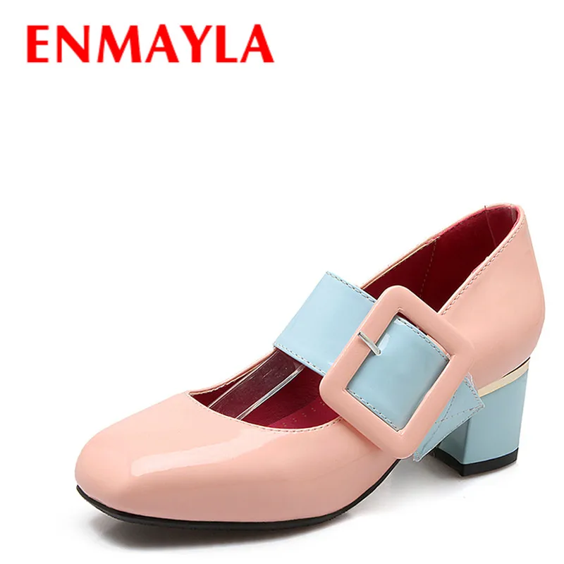

ENMAYLA New Mixed Colors Mary Janes Shoes Women Square Toe Pumps Med Heels Sweet Buckle Lolita Shoes Woman Big Size 46