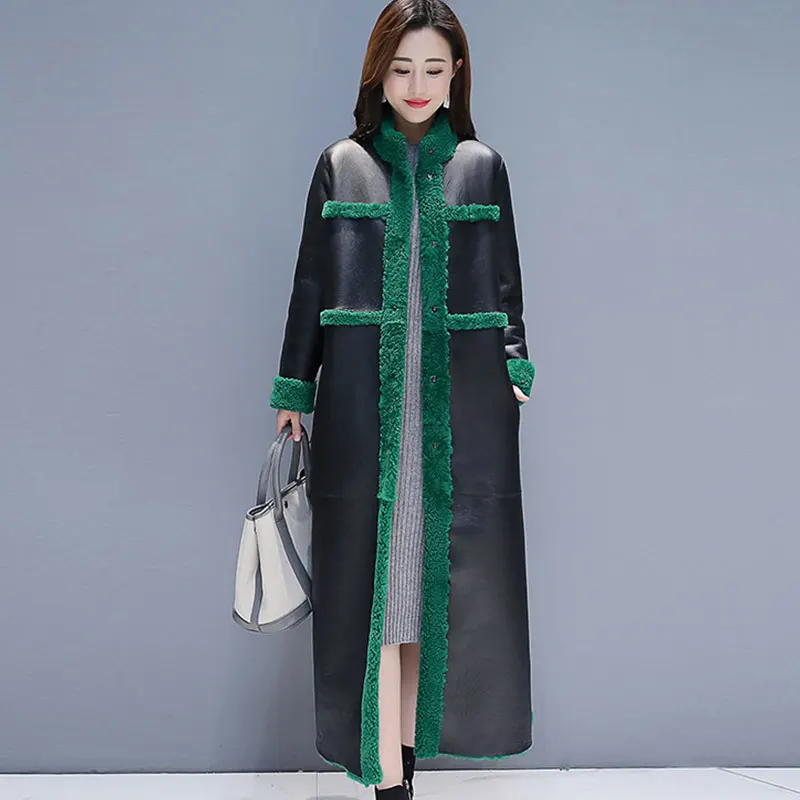 Пальто из овчины и искусственного меха, х-длинное теплое женское меховое пальто, женская зимняя куртка больших размеров, Женское пальто из настоящей шерсти 868