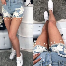 Высокая талия джинсы Mujer хлопок средней высоты Новинка; Лидер продаж женские шорты большой Размеры бисером отверстие модные Повседневное; джинсовая обувь; женская обувь