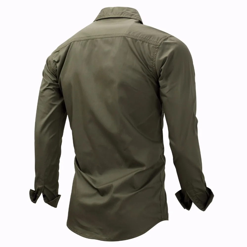Мужская приталенная рубашка в стиле милитари хаки с длинным рукавом|men shirts
