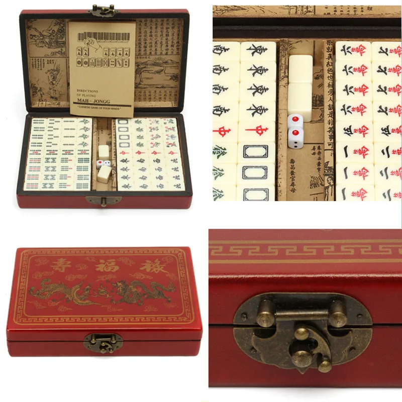 

Portable Vintage Mahjong Rare Chinese 144 Tiles Mah-Jong Set Toy With Leather Box
