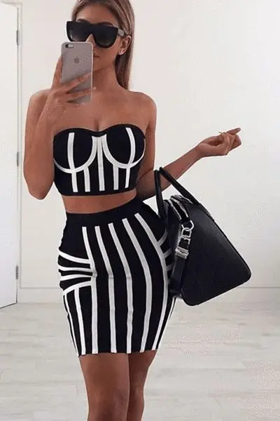 

Top Quality Black White 2 Pieces Set Rayon Bandage Dress Night Club Party Dress