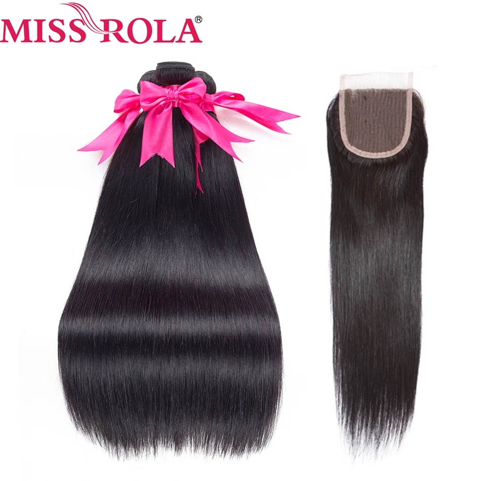 Miss Rola Brazilian Hair Weave Bundles 100% Human Hair Remy Straight Hair Extensions Natural Color 3 Bundles With Closure