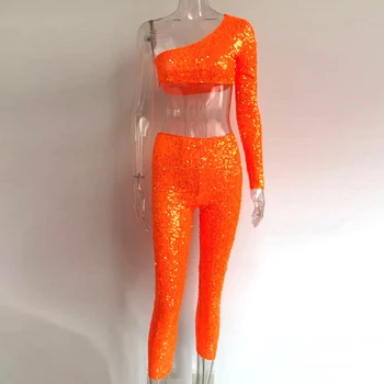 

Shiny Orange Sequins Two 2 Piece Set One Shoulder Slope Long Sleeve Crop Top Mid-Calf Pencil Pants 2 Pcs Outfits Party Clubwear