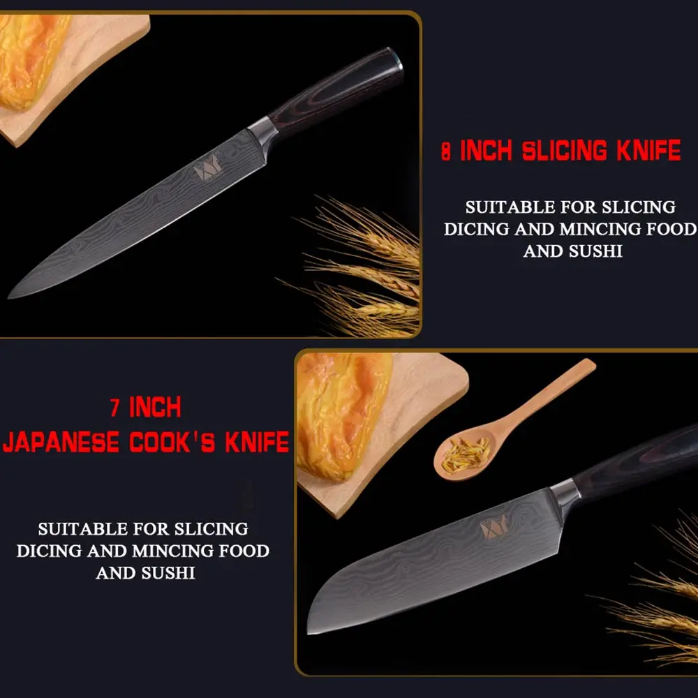  XYj Stainless Steel Kitchen Knife 6-piece Sets Cleaver Damascus Veins Pattern Fruit Utility Santoku - 33044222567