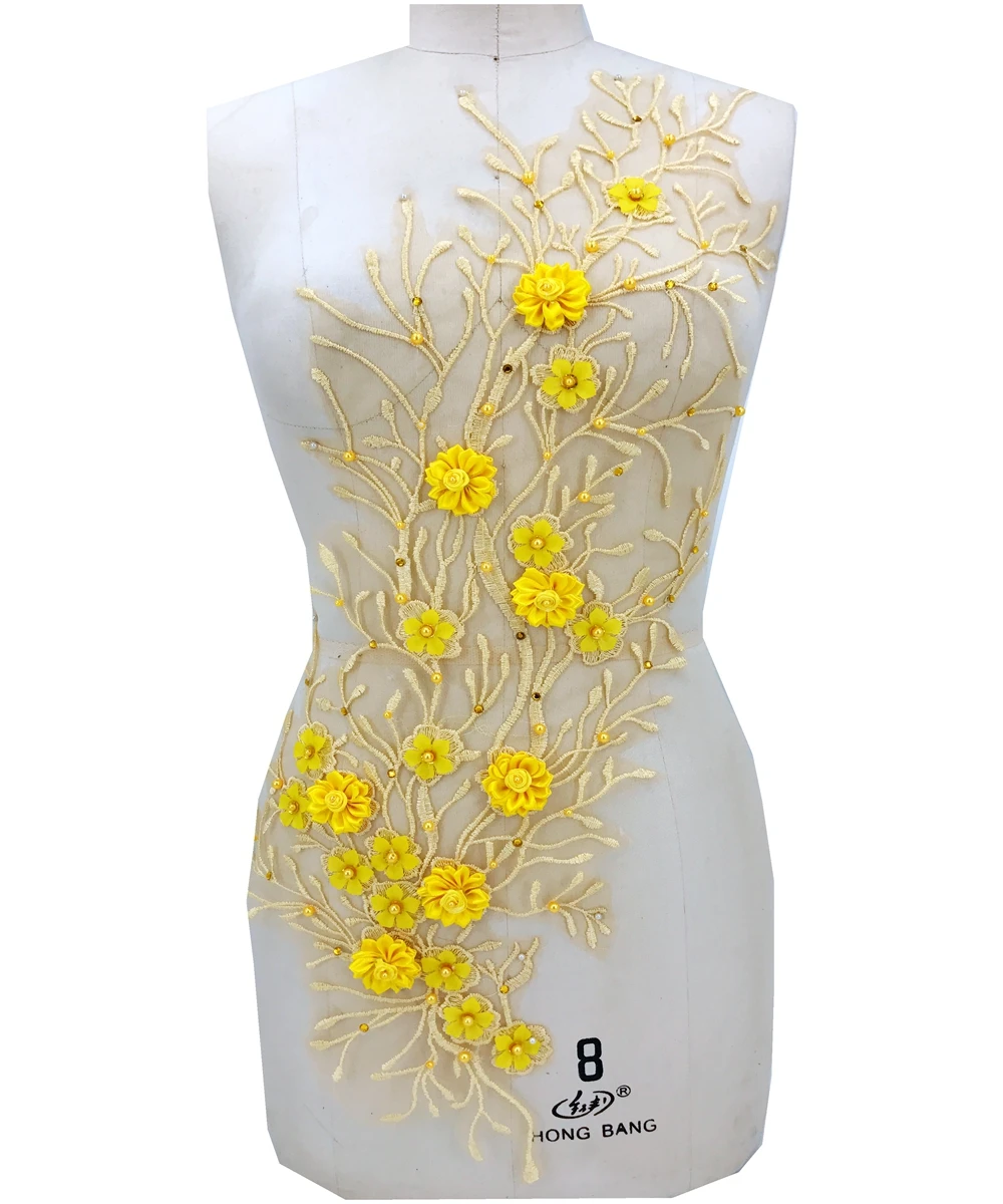 

3D Three-dimensional embroidery flower yellow lace applique trim patches patches 70*26cm for dress DIY accessories