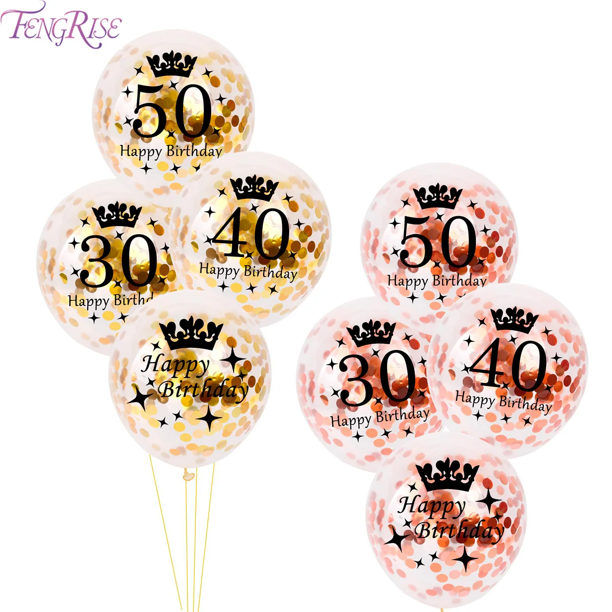 

FENGRISE 10pc 12inch Rose Gold Party Ballons Happy Birthday Balloons with Confetti Balloon 30 40 50 Birthday Party Decorations