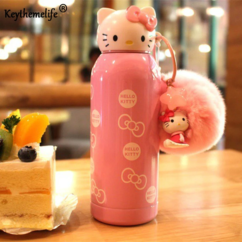 

Keythemelife Water Bottles Hello Kitty kettle Mini Stainless Steel Children Insulation kettle Kids Drinkware Gift DF