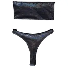 Для женщин сексуальный купальник бикини с открытыми плечами без бретелек с блестками радужные металлический Искусственная кожа трусики-Тонг с низкой посадкой купальник