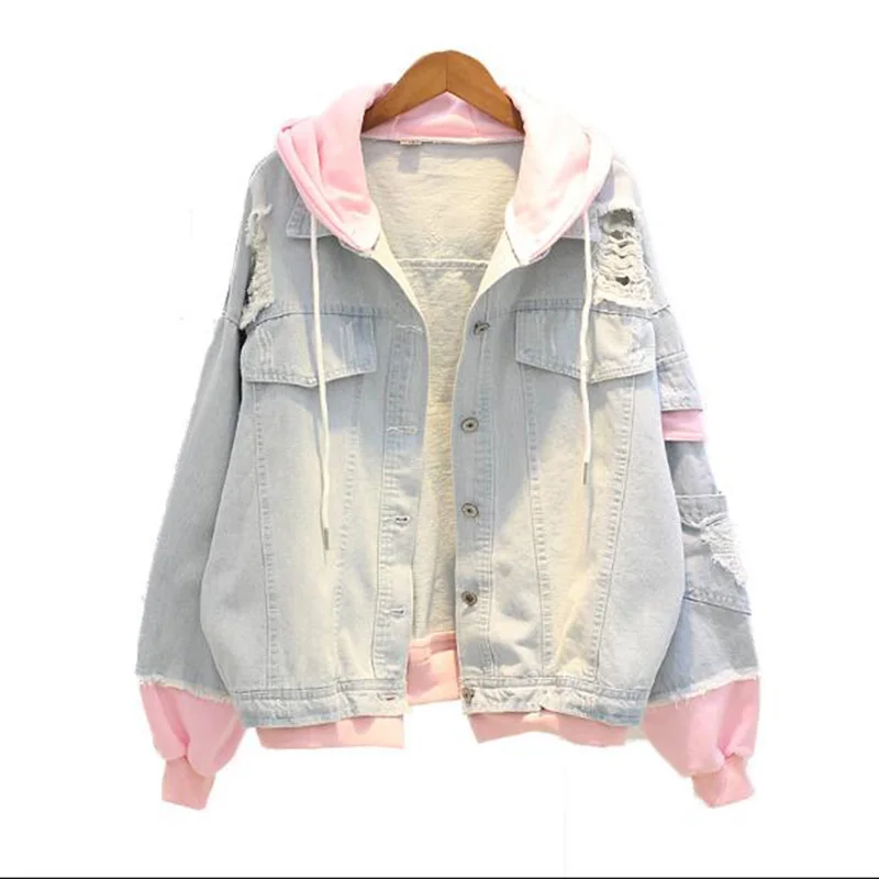 

Patchwork Women's Jacket Hooded Denim Female Jacket Holes Jeans Jacket Long Sleeve Feminine Coat Casual Women's Flax Jacket