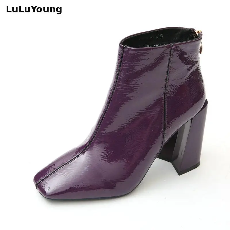 

2018 Autumn New High Heeled Square Toe Ankle Boots Fashion Purple Knight Booties
