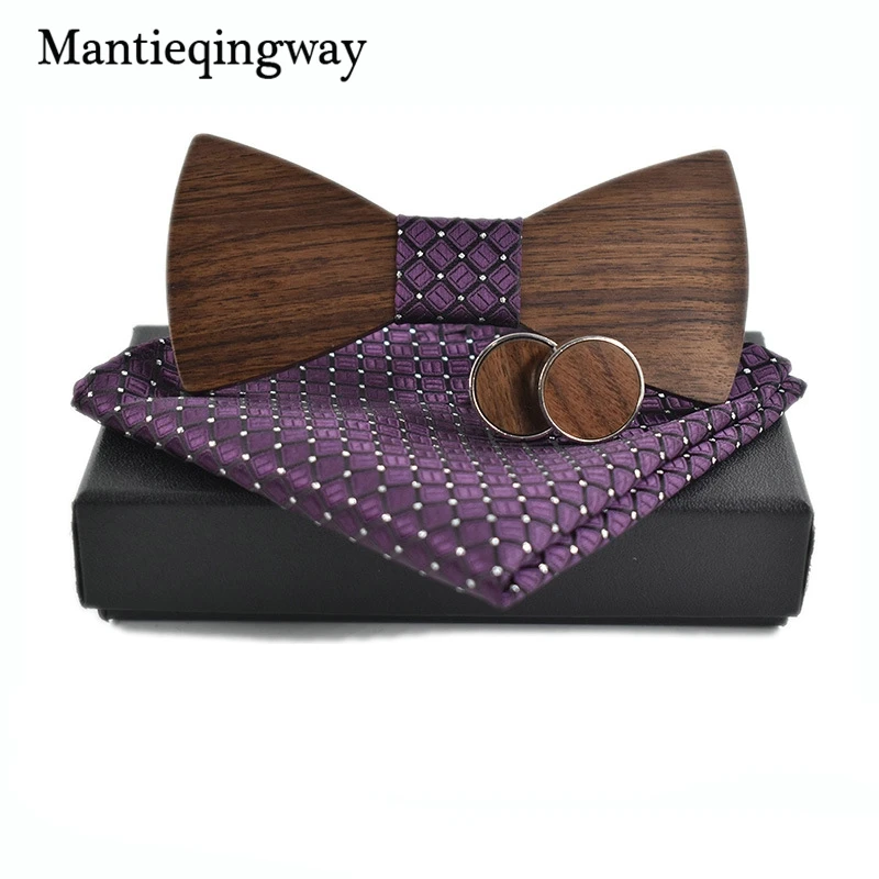  Polyester Business Wooden Tie Set For Men Handkerchiefs Cuff Links Handmade Wood Bowtie Set Plaid N