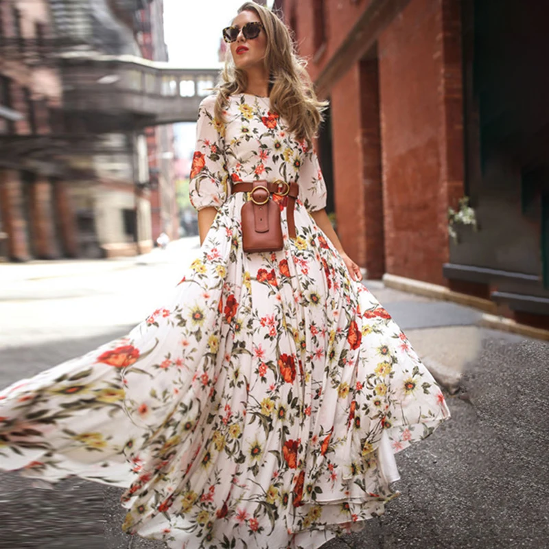 Половина рукава большие качели Бохо женское платье с принтом праздничное