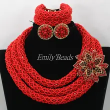 Красные хрустальные бусины ручной работы ожерелье Ювелирные наборы нигерийский Свадебный Африканский наряд из бисера Ювелирные наборы 3 ряда AIJ638