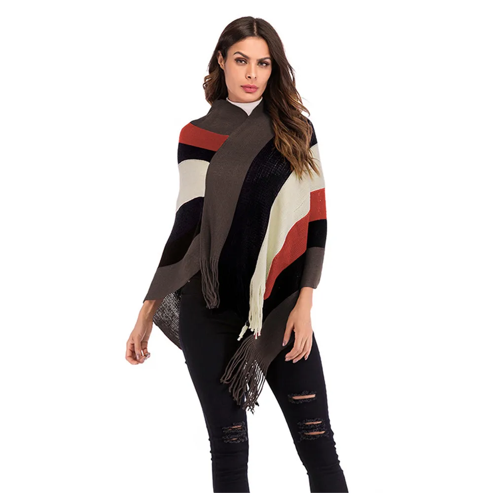 Colorblock Striped Tassel Cloak Shawl Loose Pullover Casual Loose Long Irregular Tassel Colorblock Striped Tassel Cloak Shawl Loose Pullover Casual Loose Long Irregular Tassel