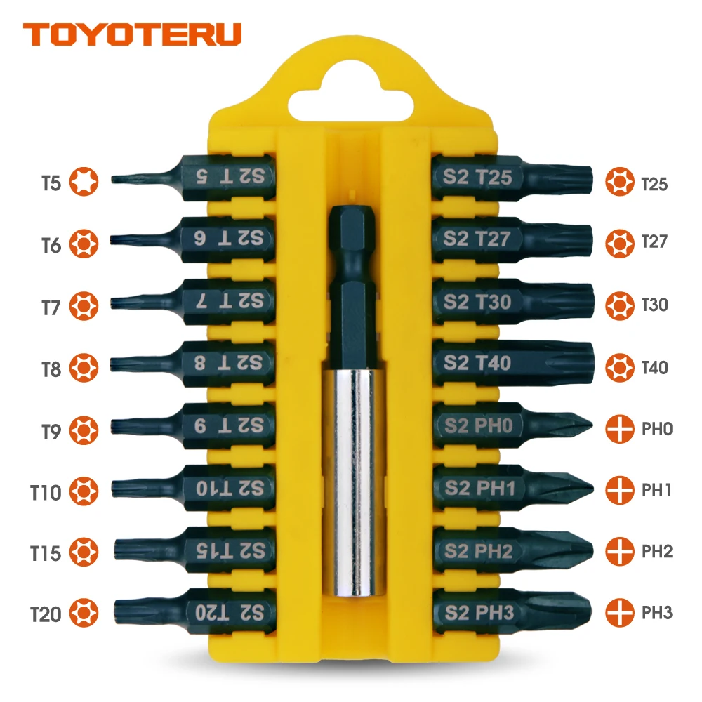 

TOYOTERU Screwdriver Bits Magnetic 17 Piece S2 Bit Phillips(0-1-2-3), T5, Torx Security Bits(T6-6-7-8-9-10-15-20-25-27-30--T40)