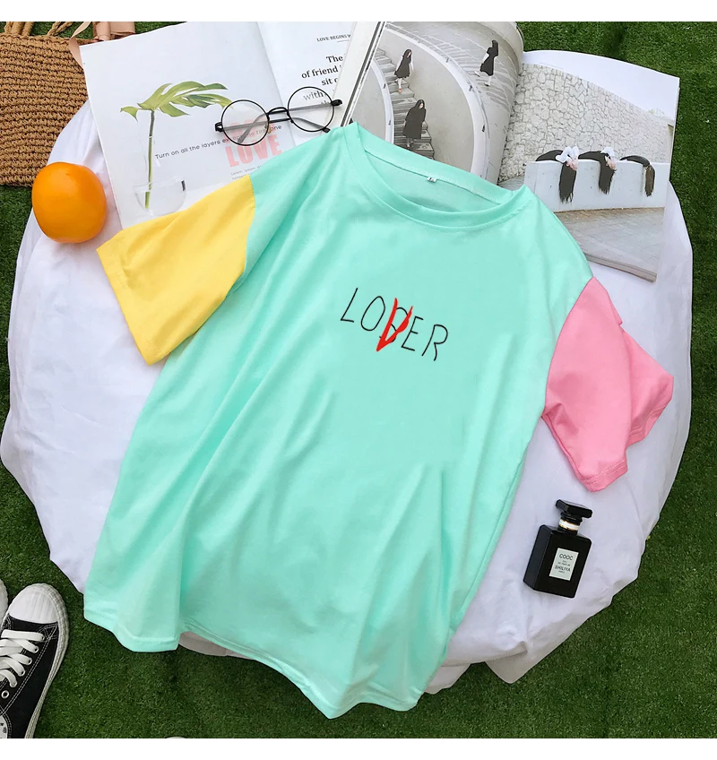 Cotton T Shirts Women New Short Sleevee Color Block Loose Tee Shirt Femme Harajuku Tumblr Funny Letter Lover Or Loser Print Tops (3)